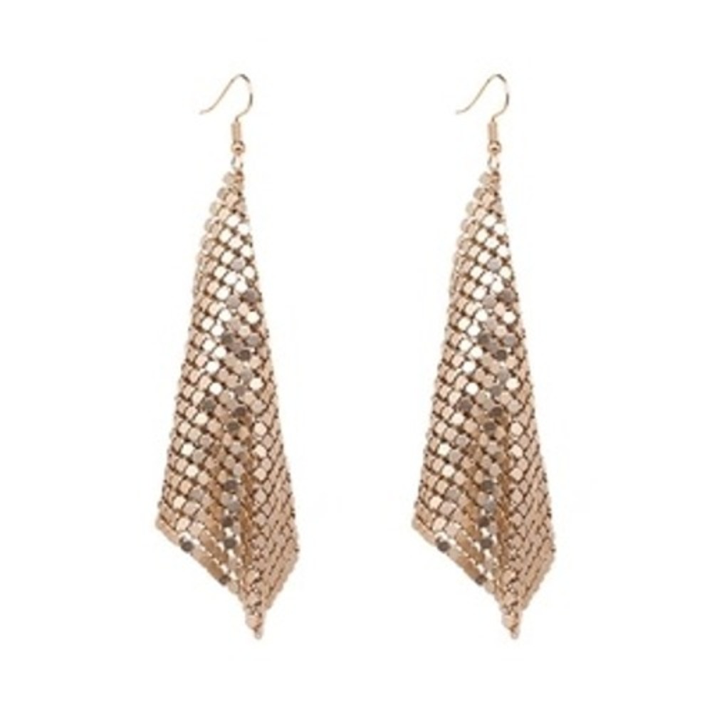 Gold Mesh Handkerchief Drop Earrings Dangle Statement Disco Liquid Metal